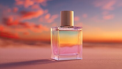 A perfume bottle sits on a soft pink surface, bathed in warm sunset colors