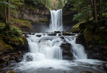 Fototapeta premium A powerful and majestic waterfall cascading over mossy rocks in a lush, green forest, captured with a long exposure to create a smooth, milky water effect. 