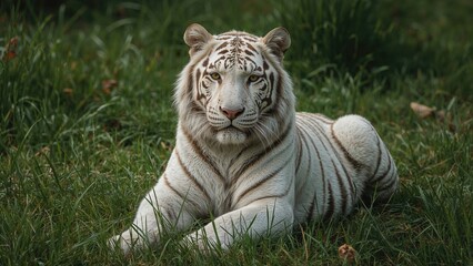 White Tiger Resting Amidst Greenery