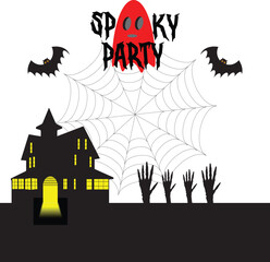 Haunted House with Flying Spider and Rising Skeleton Hand from Grave Vector Post Template