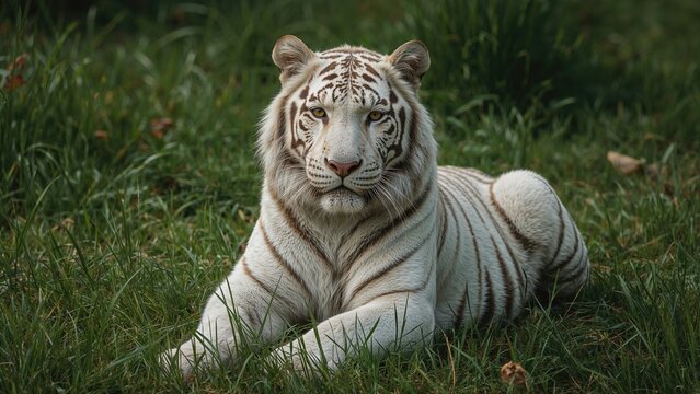 White Tiger Resting Amidst Greenery