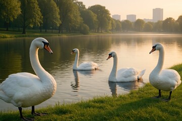 Fototapeta premium Early dawn at a city park with white swans swimming
