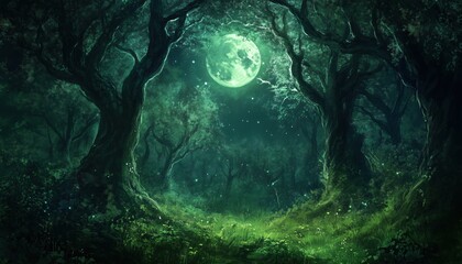 Mystical Illustrations Of A Dark Night In A Magical Fantasy Forest With A Touch Of Enchantment And Mysticism.