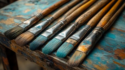 Fototapeta premium Six paintbrushes arranged on a distressed wooden surface photo close up shot