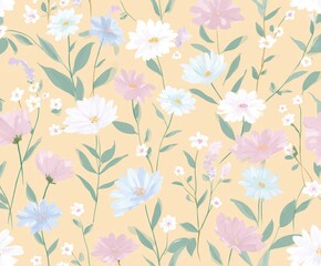 Fototapeta premium Elegant watercolor seamless pattern with morning glories, violets, lilies, daisies, cosmos, ivy, irises, tulips, peonies, roses