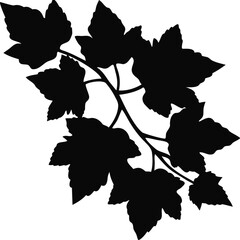 Silhouette of Twig with Dry Autumn Leaves Solid Vector 2, Autumn Twig Silhouette Vector, Dry Leaves Twig Vector, Autumn Branch Silhouette Vector