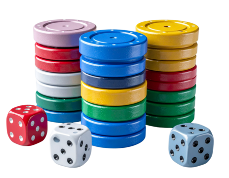 Stacked Board Game Tokens and Scattered Dice, Side Angle, isolated transparent background png