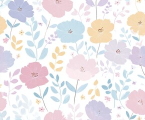 Elegant watercolor seamless pattern with morning glories, violets, lilies, daisies, cosmos, ivy, irises, tulips, peonies, roses