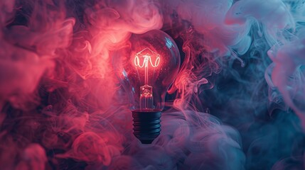 Innovative light bulb surrounded by vibrant and colorful smoke effects for artistic impact