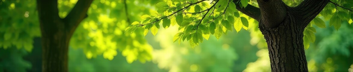 Tranquil Summer Sunlight Dappling Lush Green Bole Tree, Peaceful Nature Scene