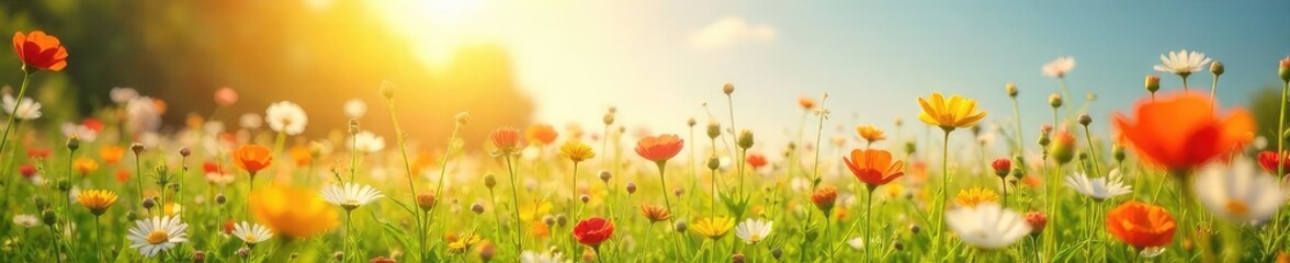 Fototapeta premium Sun-Drenched Wildflower Meadow Gently Swaying in the Breeze Idyllic Summer Nature Scene Perfect for Backgrounds and Calendars