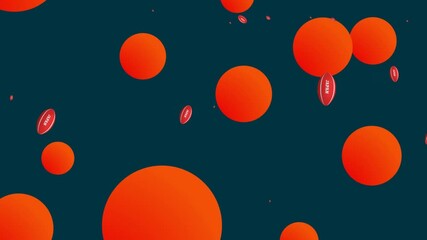 Animation of rugby ball with japan text over red dots on black background - Powered by Adobe