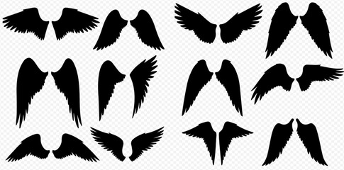 A diverse collection of black wing silhouettes in various styles, including angelic and bird-like designs.