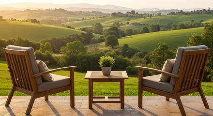 Fototapeta premium Cozy outdoor furniture set on a stone patio with a stunning view of a serene natural landscape.