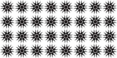Black and white abstract spiky starburst pattern repeating uniform geometric shapes with radiating irregular rays.