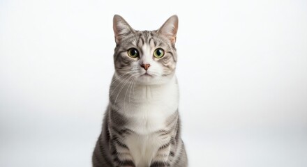 Obraz premium Attentive Grey Tabby Cat with Green Eyes on White Background