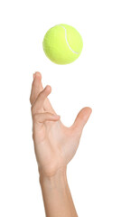 Woman with tennis ball on white background, closeup