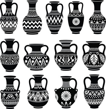 Collection of ancient greek ceramic pottery vases with intricate decorative patterns and handles