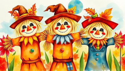 Fototapeta premium Three whimsical scarecrows in vibrant autumnal watercolor, expressive poses, countryside, magical