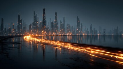 Fototapeta premium Futuristic Smart City at Night with Glowing Lines and Reflections