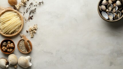 Artistic Food Composition with Pasta, Seafood, Herbs, and Gourmet Ingredients on a Textured Surface