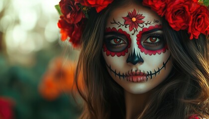 Beautiful Model With Perfect Hair Portrays Halloween Sugar Skull Makeup Inspired By Santa Muerte In Stunning Fashion Look.