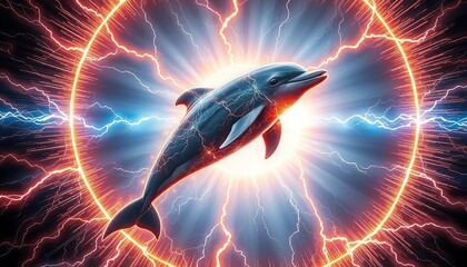 A dolphin, pulsating with electrical energy, leaps through a glowing ring of sunlight made up of crackling lightning and arcs, radiating a mesmerizing glow. Its image is outlined in vivid shadows