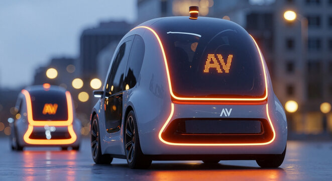 Futuristic autonomous vehicles glowing on city street.