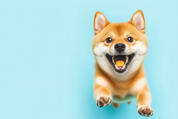 A joyful Shiba Inu dog jumps playfully against a light blue background, exuding happiness and energy.