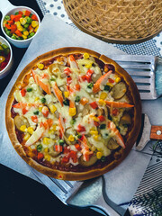 Crab stick cheese pizza with melted mozzarella, savory and delicious.