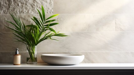 A minimalist bathroom design with a large vessel sink, sleek stone counter, tall green snake plants arranged along a light grey textured wall, diffused sunlight enhancing the natural tones.