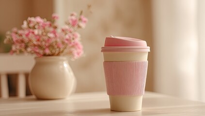 Pastel pink coffee cup on a table with flowers