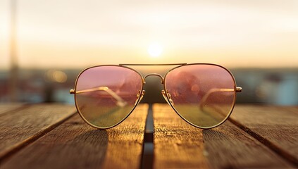Aviator sunglasses rest on a wooden table, sunset reflections