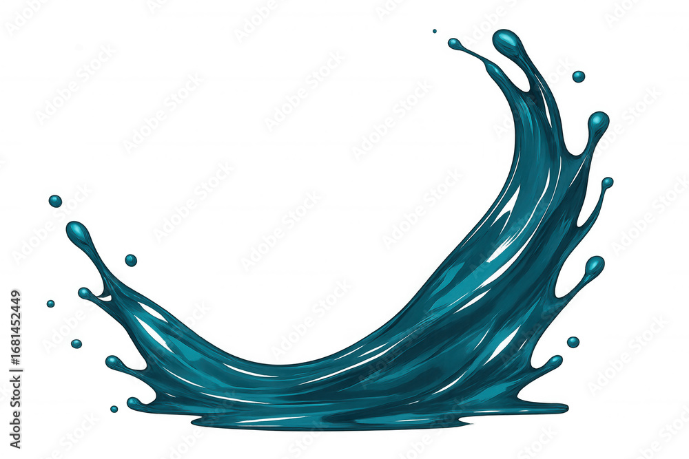 Poster vibrant turquoise liquid arcing and splashing, creating dynamic movement against transparent surface