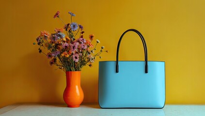 A vibrant light teal handbag rests beside a vase of colorful wildflowers against a bold mustard yellow backdrop