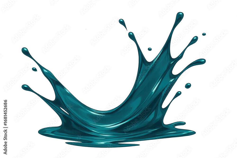 Poster teal paint splattering dynamically, forming fluid, vibrant patterns against transparent backdrop wit