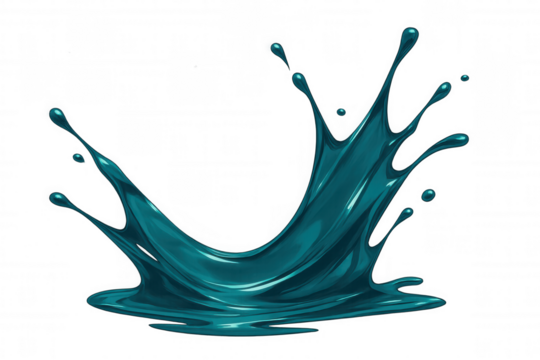 Teal paint splattering dynamically, forming fluid, vibrant patterns against transparent backdrop with energetic movement