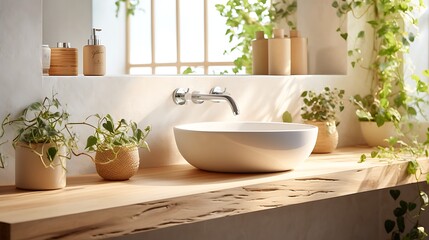 A modern boho-style bathroom with a terrazzo sink, live-edge wood counter, trailing green vines in woven planters, light beige wall with subtle texture, natural sunlight highlighting the plants.