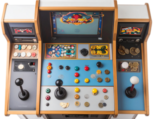 Top-Down View of Arcade Game Setup with Multiple Joysticks, isolated transparent background png