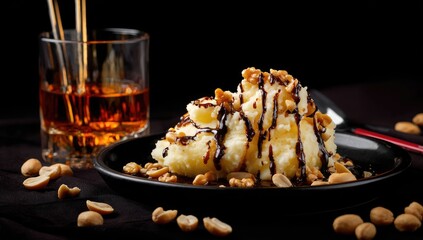Mashed potatoes topped with chocolate sauce, walnuts, and peanuts, alongside a glass of whiskey