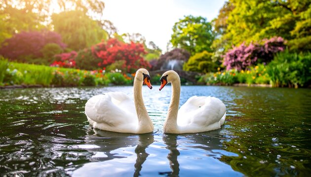 Two white swans forming a heart shape on a tranquil pond, surrounded by a vibrant, colorful garden