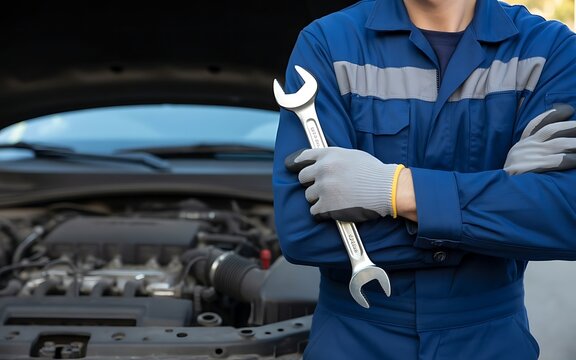 Skilled mechanic in blue overalls and grey gloves holding a wrench standing confidently beside a car with its hood open