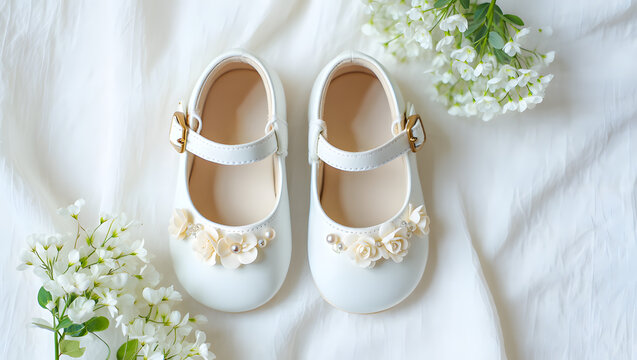 Delicate white mary jane baby shoes with floral accents perfect for christenings and special occasions