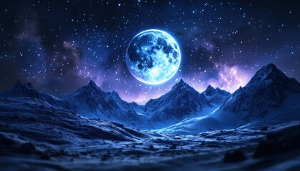 Enchanting Winter Night: Fantasy Full Moon Abstract With Aurora, Stars Scattered In Galaxy Space, Milky Way, And Mountains Landscape
