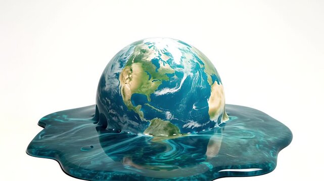 Earth globe melting into a puddle on white background