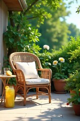 Relaxing summer scene featuring a wicker chair and side table on a sun-drenched patio, complete with vibrant green plants and refreshing lemonade , patio, leisure