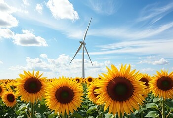 Sleek wind turbine gracefully turning amidst a vibrant sunflower field under a bright, cloudy sky,   image, wind turbine
