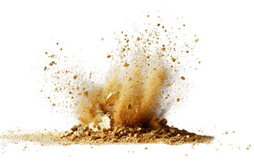 A dramatic explosion of tan-colored particles, possibly sand, erupting outward from a point of impact