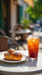 Refreshing iced coffee and pastries on a sunny patio table, perfect for a summer cafe break Enjoy the vibrant summer atmosphere and delicious treats , leisure, vacation, chill