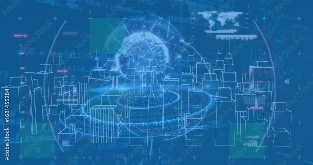 Aufkleber animation of digital city over scope scanning and data processing on blue background